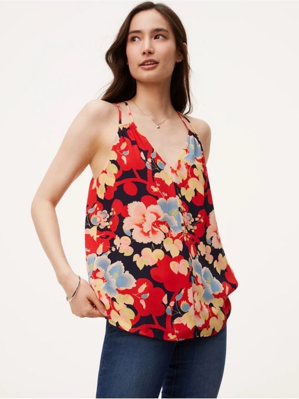 LOFT Petite Floral Strappy Cami Tank Top SP Navy Red Blue Sleeveless Blouse